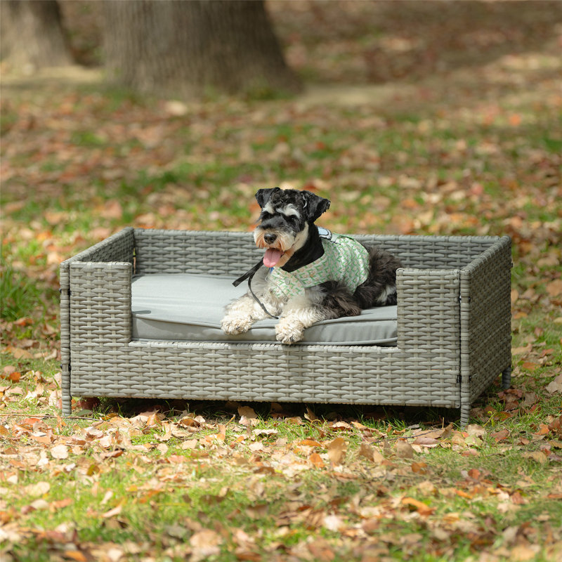 Tucker Murphy Pet Outdoor Dog Bed Patio Seasonal PE Wicker Pet Bed with Cushion Ultra Soft and Durable Wayfair